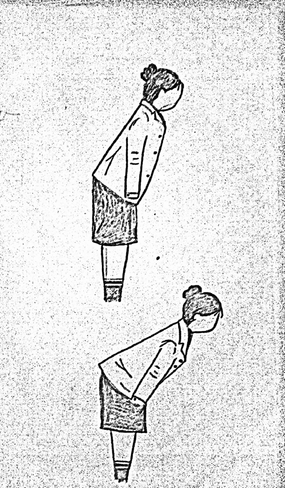 “Sensitivity to rituals other than one’s own, may be a learnable skill, not simply a fixed cultural given” — ©drawing Yassine el Azabi Japanse beleefheid buiging - drawing Yassine el Azabi